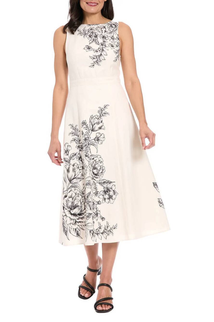 NEW LONDON TIMES placement print midi dress in cream/ black